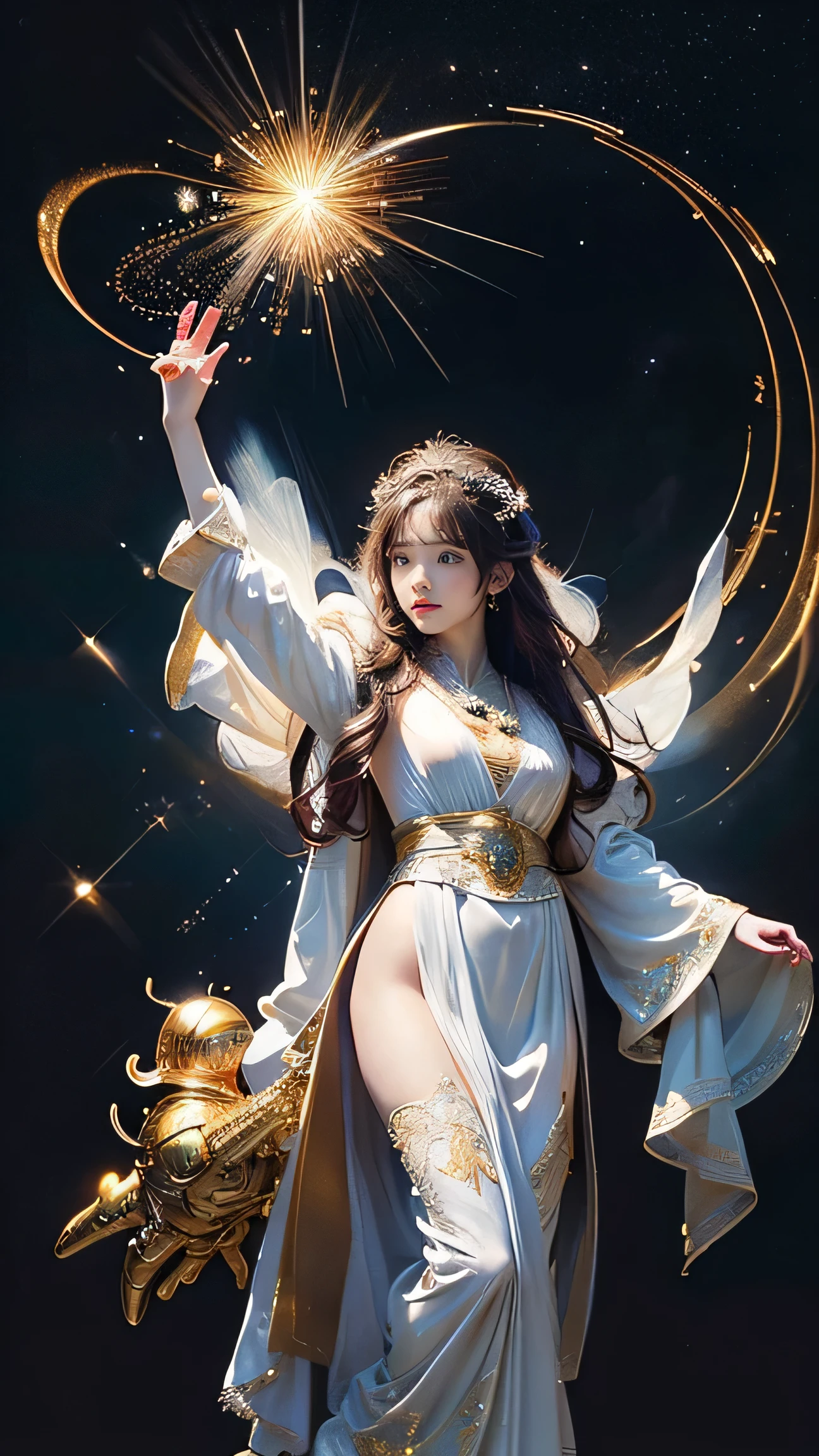 Highest quality,Realistic,masterpiece,detailed,High resolution,Cute , (masterpiece,  best quality,  dynamic angle),  full body shot,  (nsfw:1.4),  (masterpiece:1.2), (Photo of a radiant goddess with a halo of light, standing on a celestial cloudscape with stars twinkling around, eyes shining with divine power, flowing robes adorned with celestial patterns, ultra-detailed, high contrast, heavenly lighting, dynamic composition, divine ambiance, elaborately detailed attire with extraordinary elements:1.1), (art by Otomo Katsuhiro:1.4), (hyperdetailed:1.1), (intricate details:1.0), (Refined details:1.1), (best quality:1.1), (high resolution:1.2)