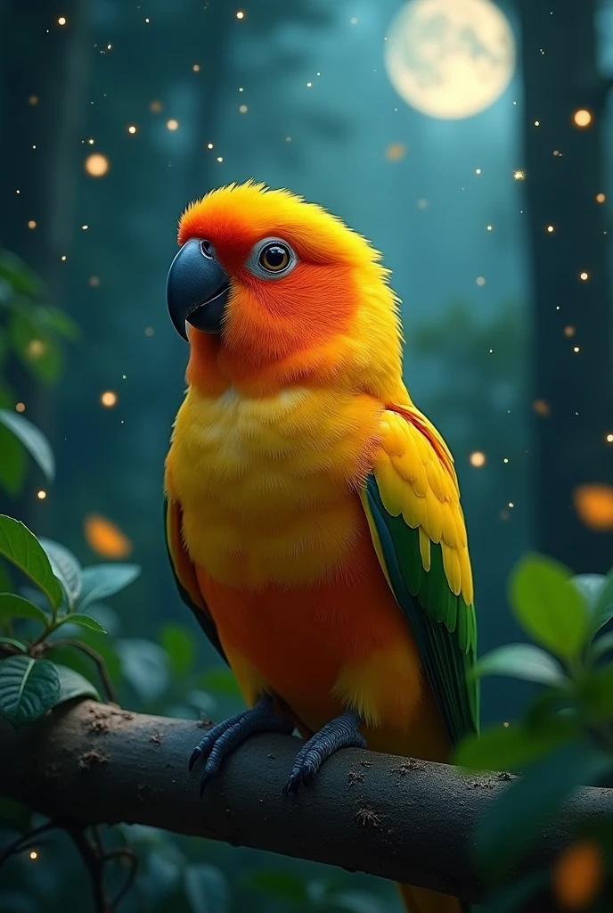 Sun Conure Parrot Realistic Full Body With Some Glitter Feathers Sparkling Eyes Night Background And Stars 16:9 Wide Reflecting Moonlight Living In The Green Forest Leaves Are Falling Around The Bird Cinematic 3D Quality
Super Realistic HD Ultra Movie 16k Clarity Realistic