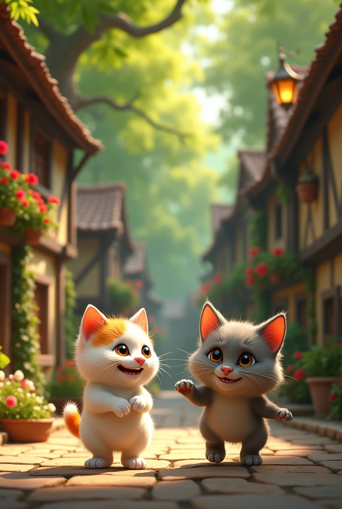 On a quaint medieval village street, a cheerful kitten with snow-white fur and patches of orange continues to play joyfully with a colorful ball. The kitten has a rounded, chubby figure with oversized, expressive eyes and a broad, beaming smile. The warm, golden sunlight highlights the cobblestone street, the vibrant flower beds, and the charming stone cottages.

The forlorn kitten, with muted fur tones and a slender, hunched figure, approaches the happy kitten. The sad kitten’s eyes are filled with a mix of envy and feigned friendliness. Its face features a strained smile and its posture shows a mix of hesitation and intent, with angular features and a subdued color palette that contrasts with the cheerful kitten’s vibrant and rounded appearance.

The forlorn kitten proposes an adventurous game of hide-and-seek in the nearby forest, assuring the happy kitten of exciting hiding spots. The happy kitten, with wide, sparkling eyes and a joyful expression, eagerly agrees to the adventure. The scene transitions to show the two kittens entering the lush, dense forest. The forest is depicted with tall, towering trees, dappled sunlight filtering through the canopy, and a sense of mystery and excitement.

The happy kitten’s dynamic, rounded figure contrasts with the forlorn kitten’s more angular and subdued form as they embark on their adventure. The forest’s vibrant greenery and warm, filtered light highlight the contrast between the joyful anticipation of the happy kitten and the hidden intent of the forlorn kitten.

Rendered in a medieval Pixar style, the scene combines whimsical medieval elements with Pixar’s exaggerated character designs. The happy kitten’s smooth, rounded appearance and bright colors emphasize its excitement and innocence, while the forlorn kitten’s angular, muted design underlines its deceptive intentions, enhancing the visual contrast as they journey into the forest.