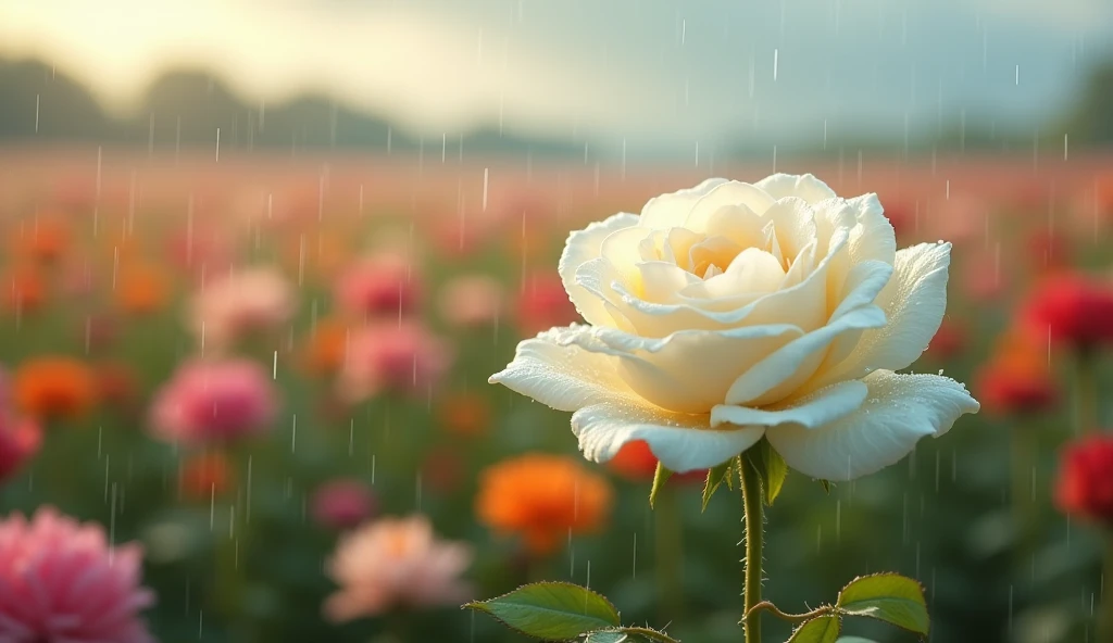 2024; (masterpiece, best quality) white rose in the foreground; field of flowers; rain falling