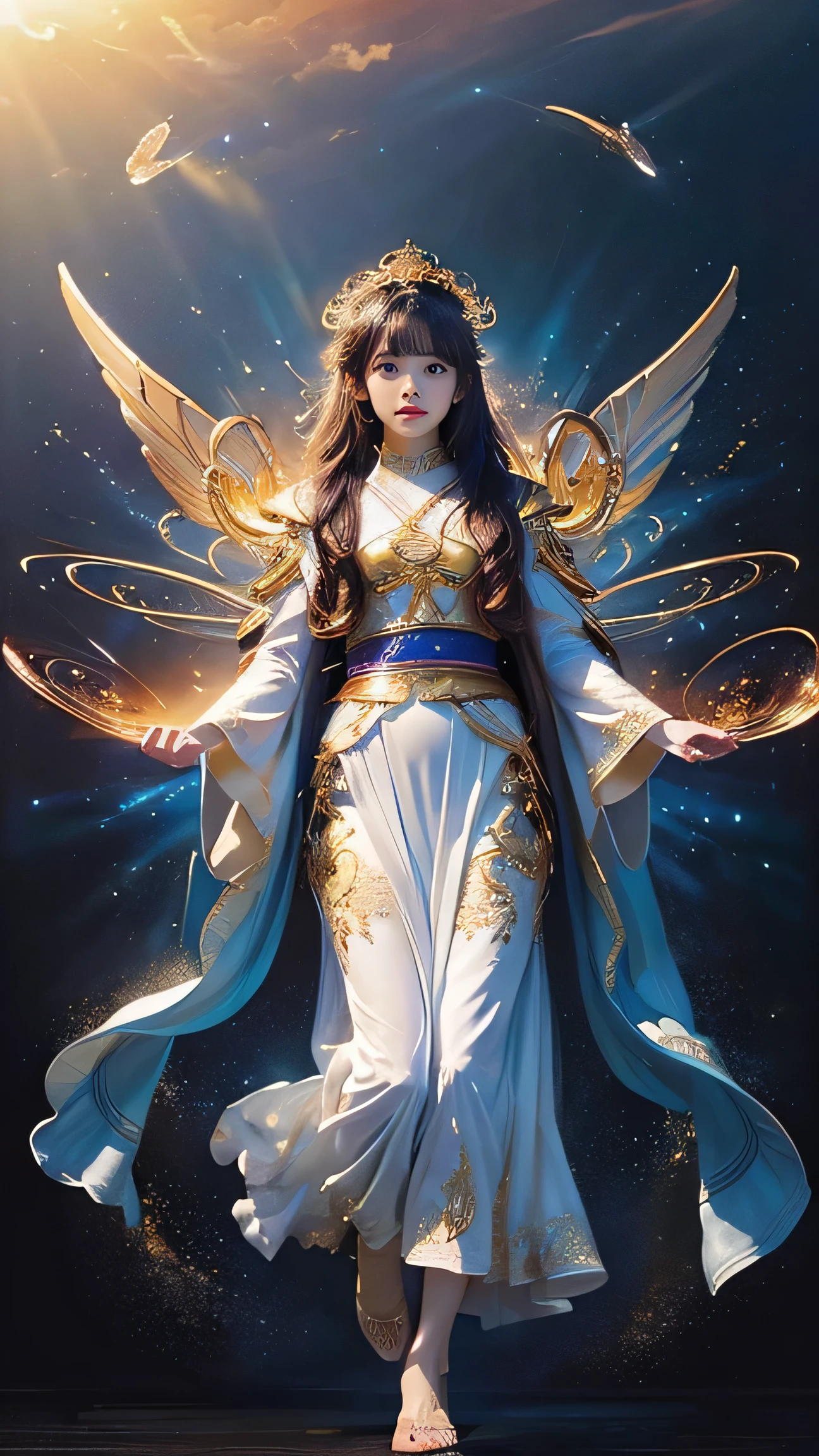 Highest quality,Realistic,masterpiece,detailed,High resolution,Cute , (masterpiece,  best quality,  dynamic angle),  full body shot,  (nsfw:1.4),  (masterpiece:1.2), (Photo of a radiant goddess with a halo of light, standing on a celestial cloudscape with stars twinkling around, eyes shining with divine power, flowing robes adorned with celestial patterns, ultra-detailed, high contrast, heavenly lighting, dynamic composition, divine ambiance, elaborately detailed attire with extraordinary elements:1.1), (art by Otomo Katsuhiro:1.4), (hyperdetailed:1.1), (intricate details:1.0), (Refined details:1.1), (best quality:1.1), (high resolution:1.2)