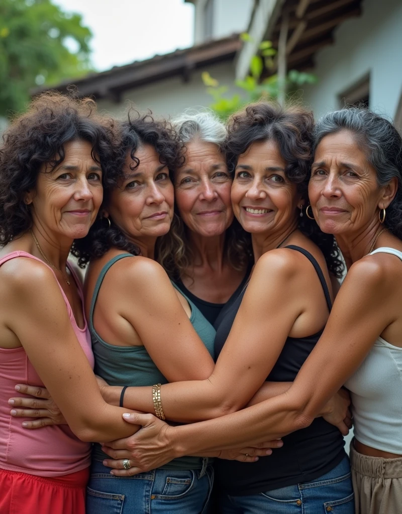 a selfie with a meeting of 6 poor and ugly women, aged around 35 to 50 years, who suffered possible domestic aggression, in the backyard of a house in the favela, that looks like an amateur photo, with a half-down smile, hugging, Brazilian Women, black, brunettes, curly and wavy hair, a little sad, older, with a little white hair and wrinkles, with low quality and slightly torn clothes
