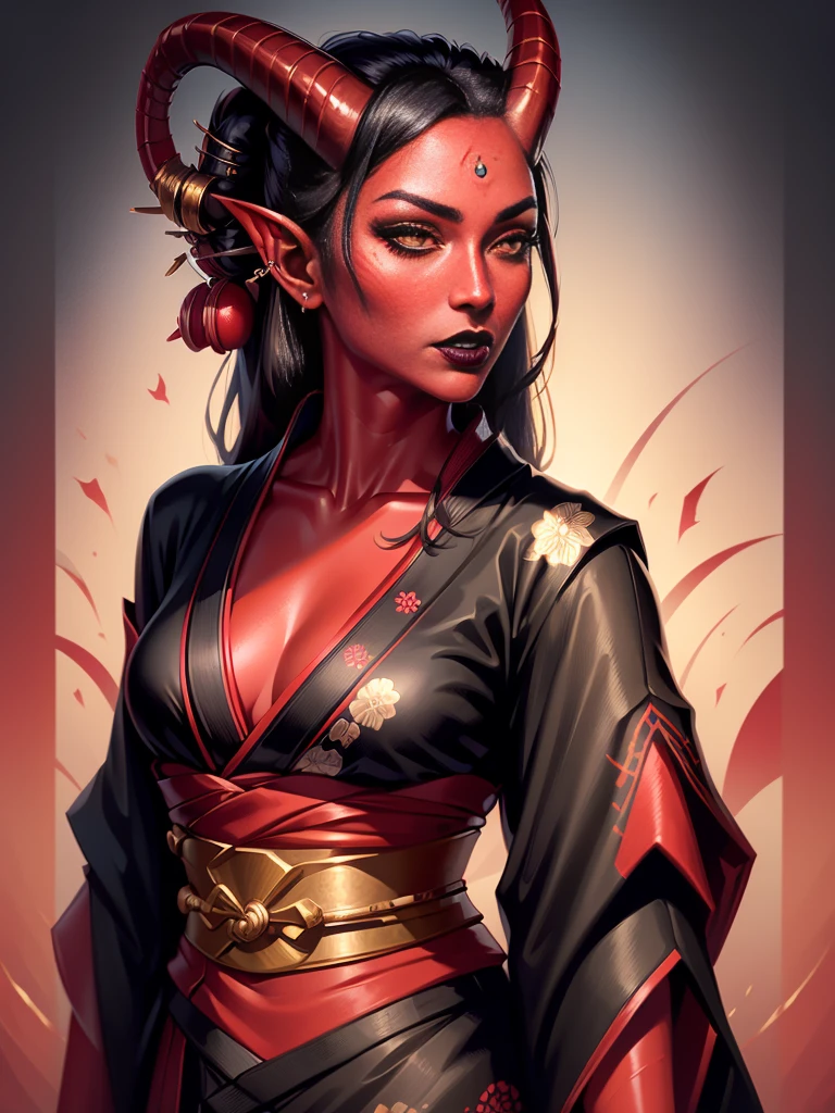 1girl, female, solo, tiefling, ((red skin, red colored skin, deep red skin)), Woman, jewelery, ear piercings, (straight black horns, black oni horns), black hair, long hair, yellow eyes, black lips, choker, goth, horn ornament, armour, ((master piece, best quality)), horns, pointed ears, make-up, black lipstick, (face detailed), face focus, portrait, fully body, (kimono:1.2), wearing black kimono, long flowing kimono, natural breasts, medium breasts, (red skin)