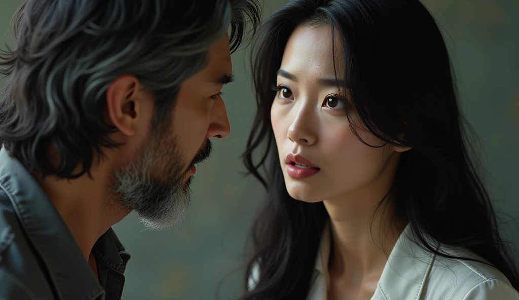 white skinned woman with long black hair,2, she has asian descent, ultra realistic beautiful woman with detailed face, ultrarealistic photograph, she is arguing with her husband, he is a 3 western man, with black and slightly gray hair
