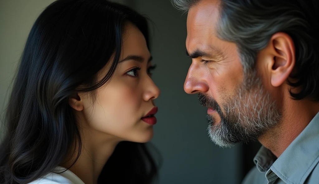 white skinned woman with long black hair,2, she has asian descent, ultra realistic beautiful woman with detailed face, ultrarealistic photograph, she is arguing with her husband, he is a 3 western man, with black and slightly gray hair