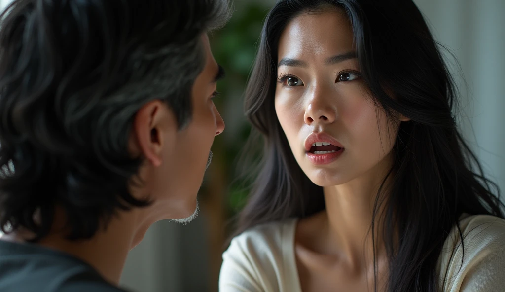 white skinned woman with long black hair,2, she has asian descent, ultra realistic beautiful woman with detailed face, ultrarealistic photograph, she is arguing with her husband, he is a 3 western man, with black and slightly gray hair