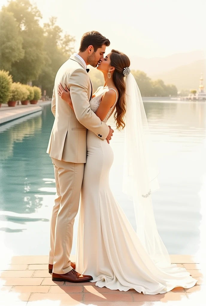 Wedding kiss water color picture. Bride with white dress and boyfriend with ivory suit. Water color style