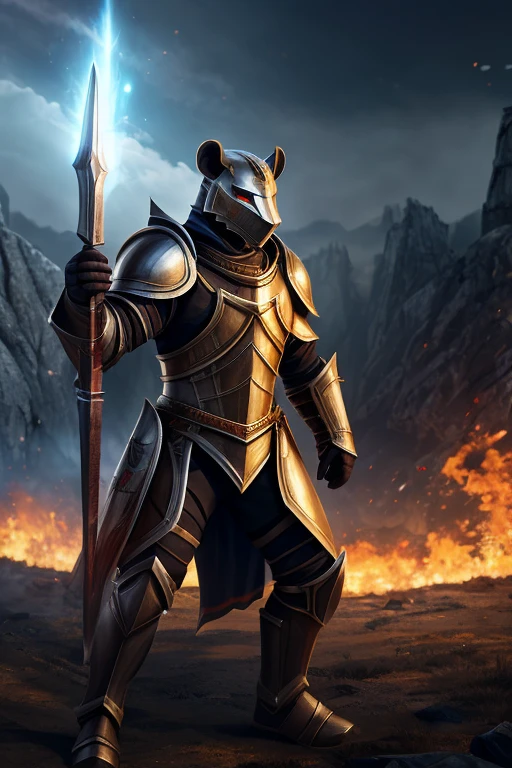 8k, high resolution, ursine, Caucasian skin, white fur, Eyes red , 2 arms , 5 fingers, 2legs, paladin, black armour, Battlefield scenario, black aura.