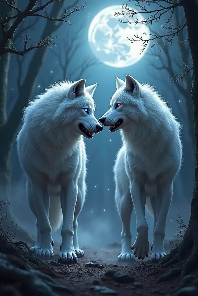 Two white werewolves, one with blue eyes and the other with red eyes