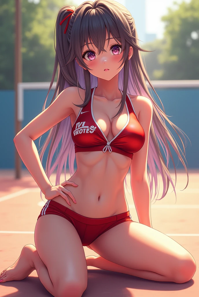Hot Anime girl with shiney volley ball shorts shirt sitting on ground big hips