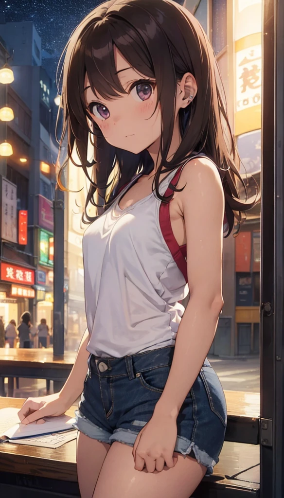 Old Coffee Shop Brown Hair、Drink coffee、A beautiful girl in headphones studies with a notebook spread out on a table、Denim shorts、Tank top、Kind Face、Warm lighting Starry Sky Japanese anime style I can see the neon lights of the city An angle that captures the whole body Visible from head to toe