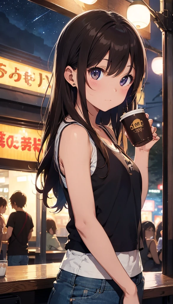 Old Coffee Shop Brown Hair、Drink coffee、A beautiful girl in headphones studies with a notebook spread out on a table、Denim shorts、Tank top、Kind Face、Warm lighting Starry Sky Japanese anime style I can see the neon lights of the city An angle that captures the whole body Visible from head to toe