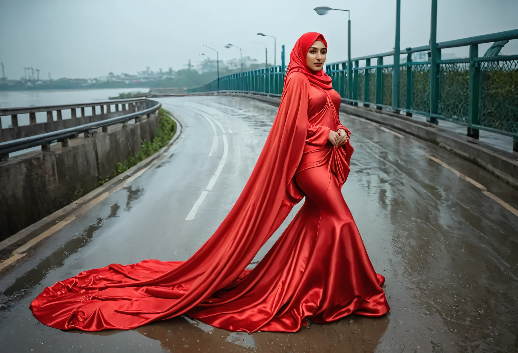 A woman shrouded in a 8-meter-long, plush red satin cloth, tightly bound and grandly draping along the form of her body, flowing off into a pooled floor-length train, styled in a mermaid-inspired outfit, her head modestly veiled in a satin hijab, 165 height woman, walk in wet road, a full-body pose conveying a sense of mysterious elegance, captured in a 4k resolution, ultra-realistic