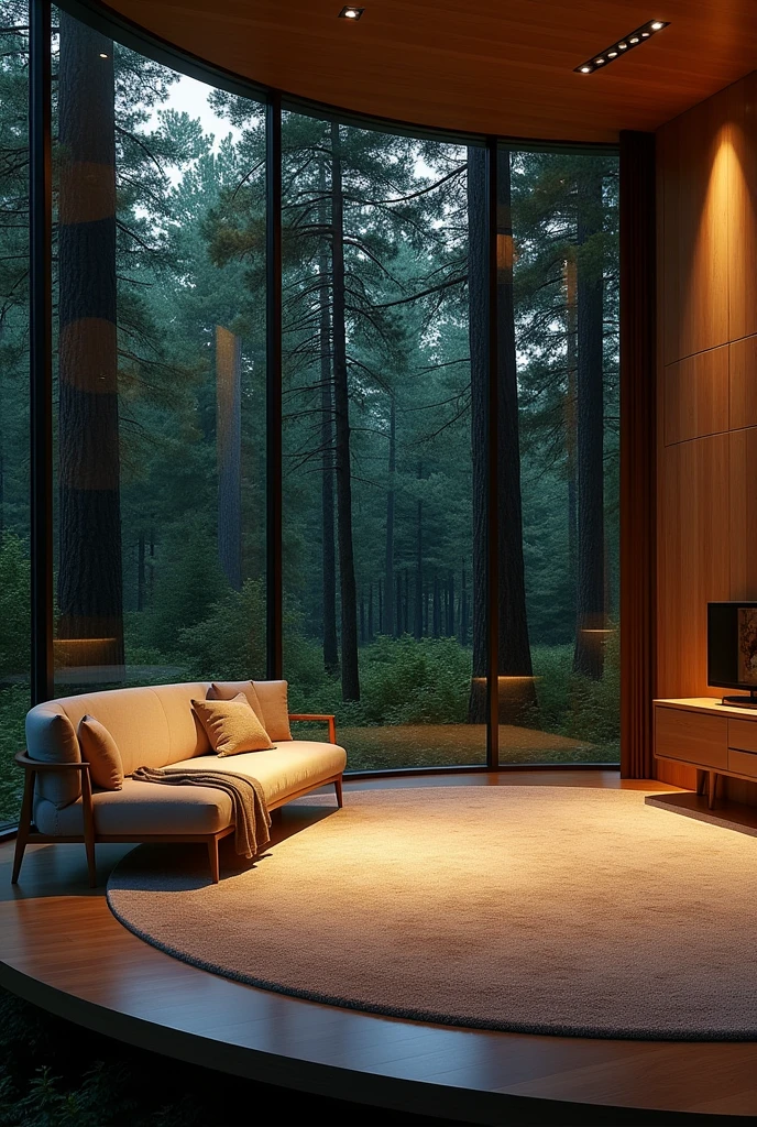 create a photo taken from the inside out in a round and modern house made of iron and glass in the middle of the forest at night with lighting with a warm white LED profile, large carpet in the living room, quarter at sight, sofa with towel fabric, minimalist style with neoclassical and modern ceiling with. dark at night outside in the middle of the green forest lamp