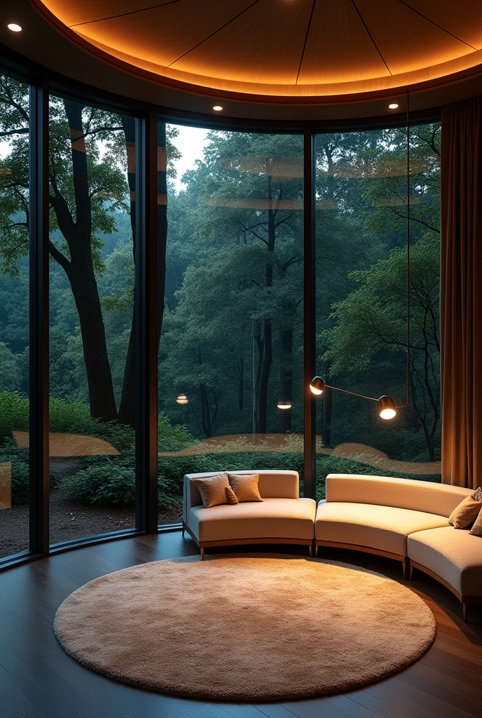 create a photo taken from the inside out in a round and modern house made of iron and glass in the middle of the forest at night with lighting with a warm white LED profile, large carpet in the living room, quarter at sight, sofa with towel fabric, minimalist style with neoclassical and modern ceiling with. dark at night outside in the middle of the green forest lamp