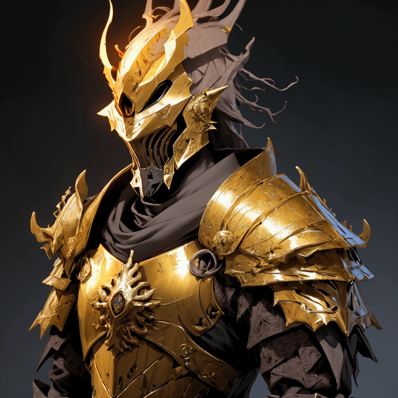 envision a 8k, highres, cinematic close up portrait of a Faceless Knight named Ornstein with a slender body with Grand Golden armor with a dragon slayer helmet against a dark gray background in the style of dark fantasy