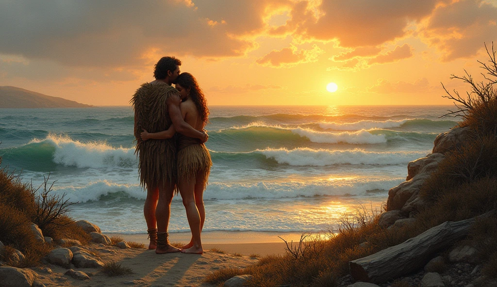 prehistoric man looking at the sea; sunset, hugging your partner