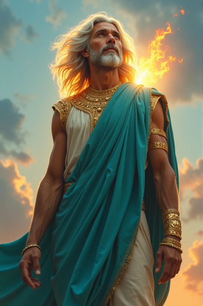 A man dressed in a turquoise linen tunic,
Girding his shoulders with gold ,
arms, hands and feet of bronze,
long white hair,
Add fire flames to the eyes,
with sky background ,
jesus,
Face with light coming out