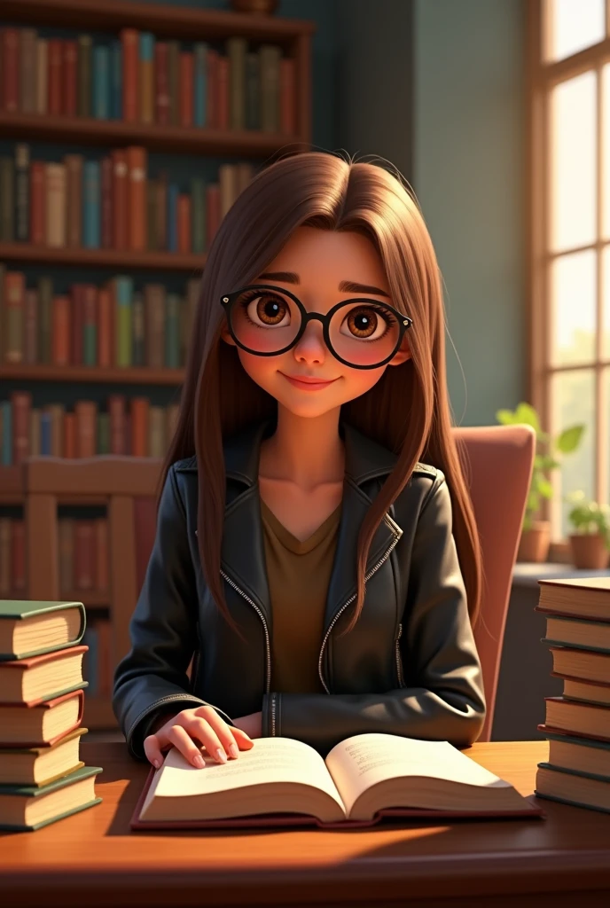 Pixar style poster of a 1 girl with straight hair, long brown hair and brown eyes, glasses and wearing a black leather jacket and sitting in a library with a book on the table and looking at the camera and smiling and serenely
