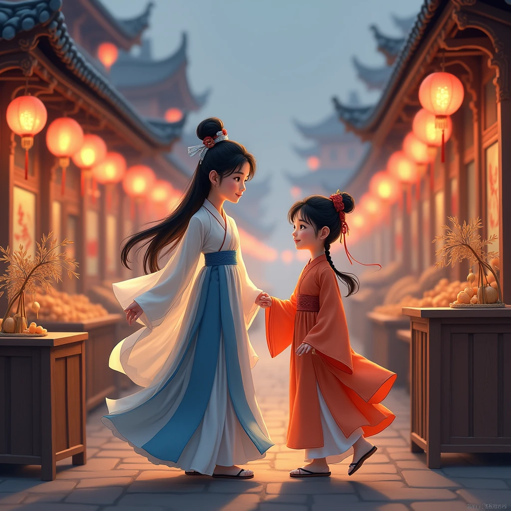 Real people in ancient China, Tang Dynasty, Han Fu, a young woman in a white and blue dress and her younger sister in an orange and red dress are walking in a market on a city street, stopping at a roadside stall selling bamboo windmills and choosing with happy expressions. The surrounding atmosphere at dusk, lit by lanterns all over the market.