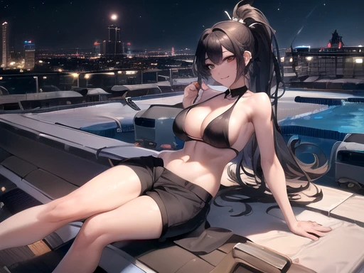 (((masterpiece,best quality,absurdres,8K,perfect body))) , ((black hair,longhair, large breasts, high ponytail,black eye,smile)),(((short pants))),((night ,outside Pool, rooftop pool , high rise hotel:1.5))