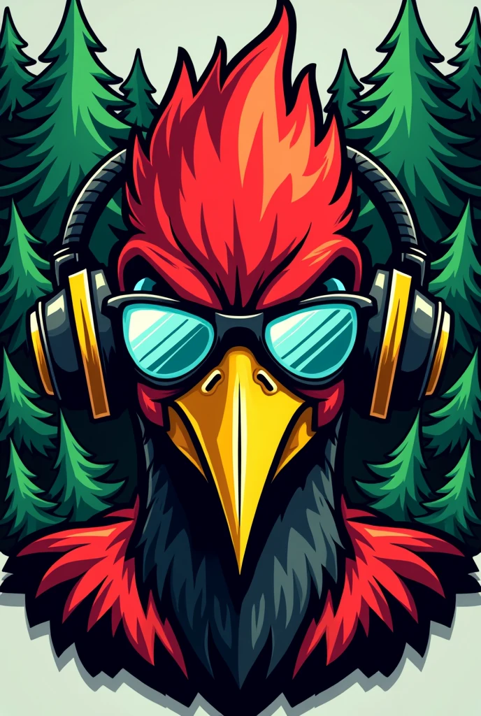 A cartoon illustration of a woodpecker's face, with a more aggressive look, wearing aviator sunglasses, e headphones, to be used as a vest patch for a forestry engineering athletic team. The feathers on the woodpecker's head should be red and black., and the long yellow beak. Place trees in the background and create an illustration with a neon balance of green and red colors.