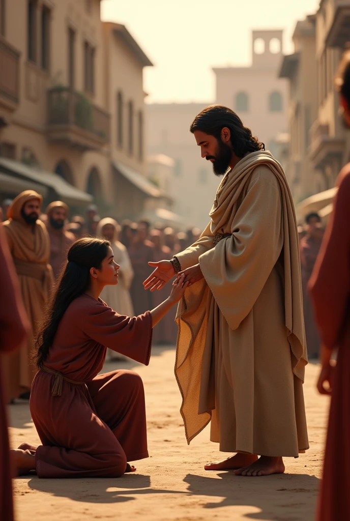 Woman kneeling on the ground touching Jesus' clothes without him noticing in the middle of the crowd 3d animated