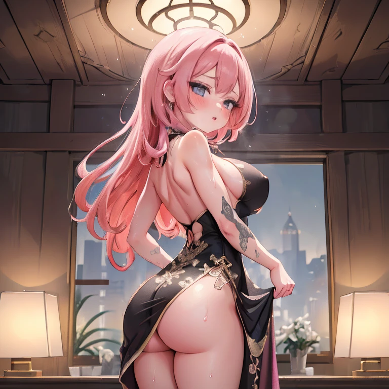 Anime Waifu beautiful detailed eyes, beautiful detailed lips, extremely detailed eyes and face, longeyelashes, 1girl, sensuous, young woman, medium breasts, beautiful feminine face, nice thighs, slim, sexly, erotic, beautiful clothes, perfect body, cinematic lighting and framing, (best quality,4K,8k,highres,masterpiece:1.2),ultra-detailed,digital painting,portrait,glamorous,highly detailed,soft lighting,warm color tones High quality illustrations。 a beautiful detailed with pink hair and black eyes, long hair, seios big fit asss, thick-thighs, perfectbody, standing, looking ahead at viewer, shocked expression, wearing a Chinese dress and black clothes, the clothes are wet, blushful, embarrased, see through clothes, big fit ass , hands behind the back, torn garments, neckleace, sideboob, alone in an indoor scene, Peron