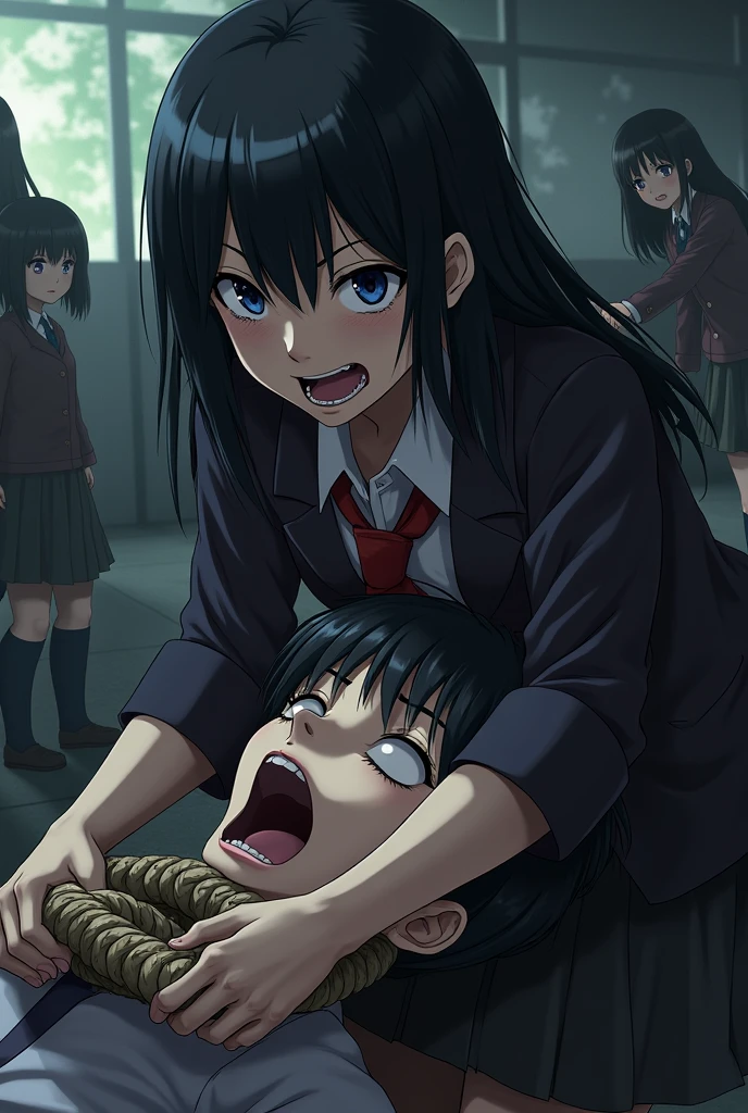 A group of schoolgirls wearing skirts. A dark-haired woman strangling a boy with a rope on the ground in anime