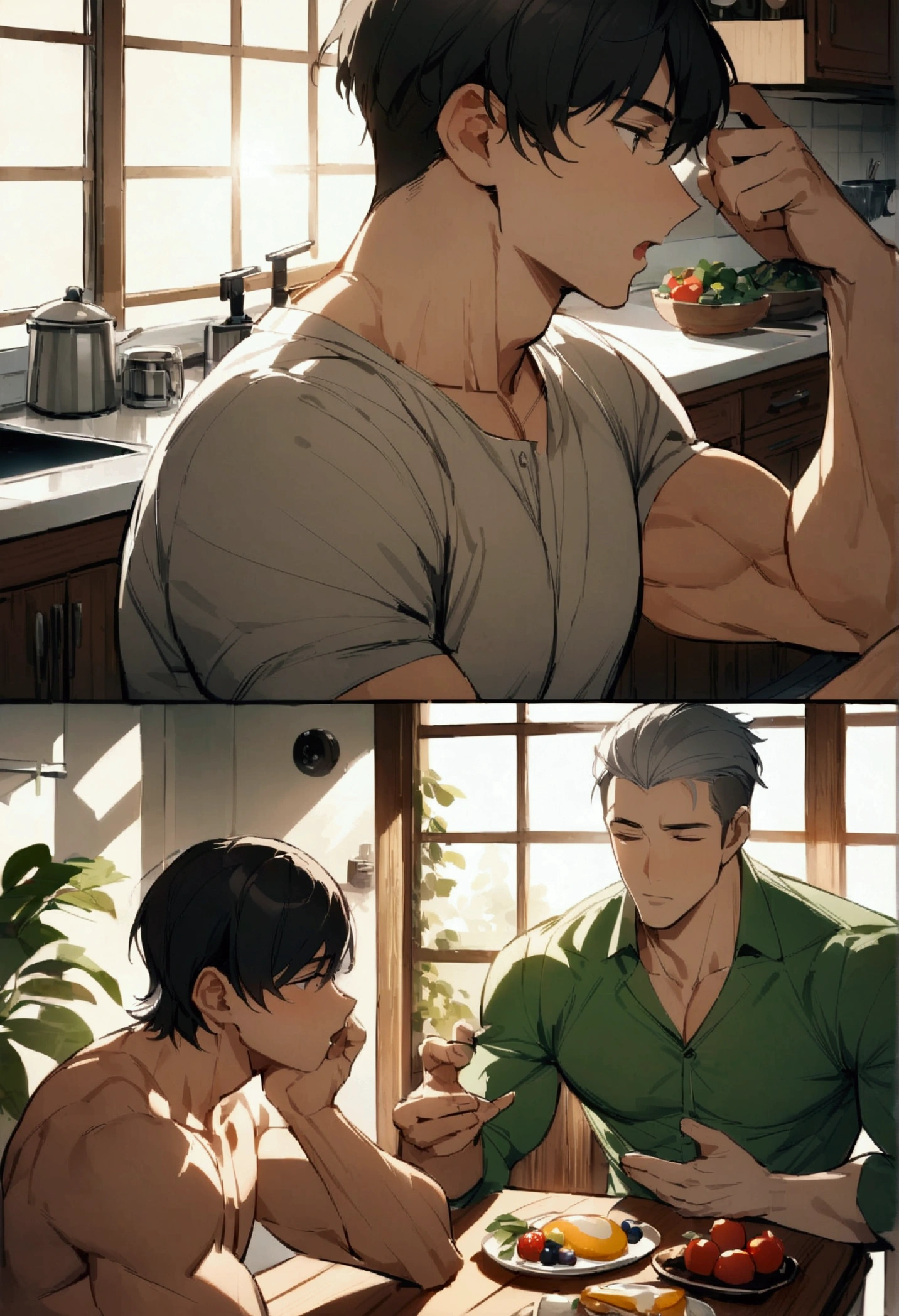 Highest quality、masterpiece、(Two men:1.5)、On the right is a muscular man with black hair and a naked apron making breakfast.、On the left is a gray-haired, muscular man in pajamas rubbing his eyes and yawning.、(short hair:1.2)、kitchen、Light of the sun、Breakfast and coffee on the table、Happy atmosphere
