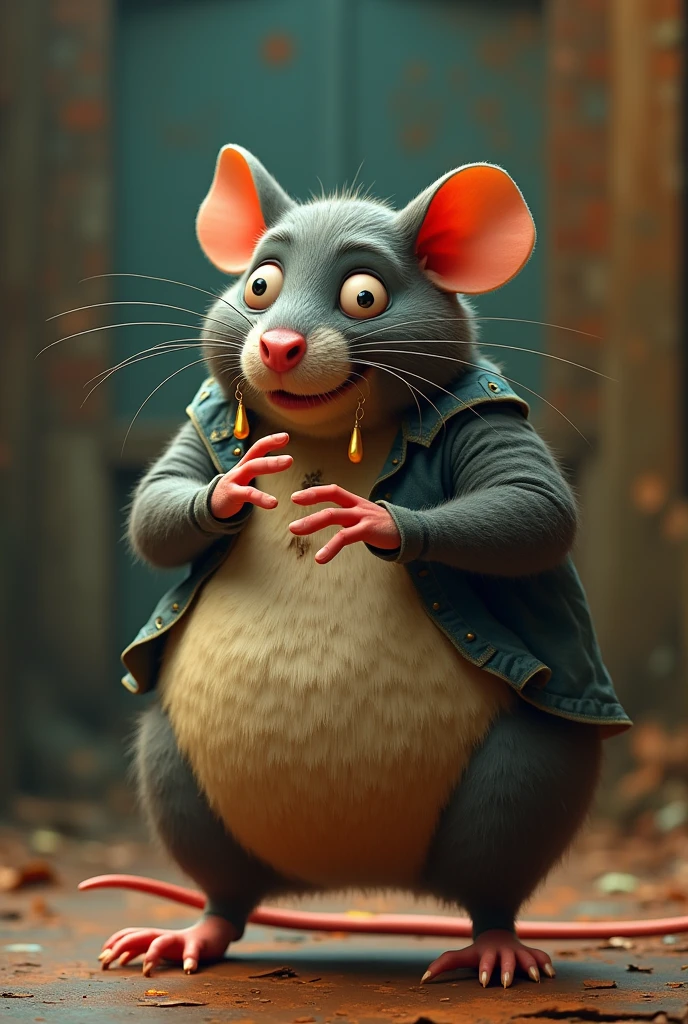 Fat person man with hybrid humanoid rat face wearing earrings and doing animation in a show