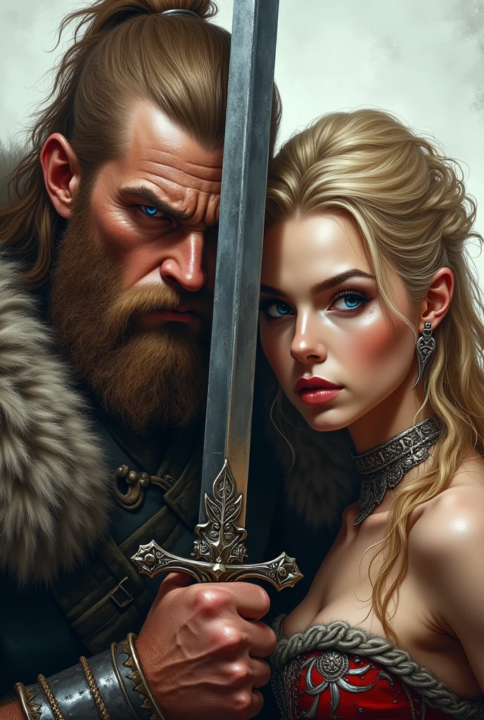 Close up viking warrior with sword in hand, blonder woman, blue eye, makeup on face, sword next to the face, large head ornament , necklace on the neck, yelling