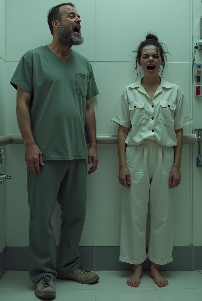 Woman with a crazy face next to a sane man,  inside a neuropsychiatric hospital 