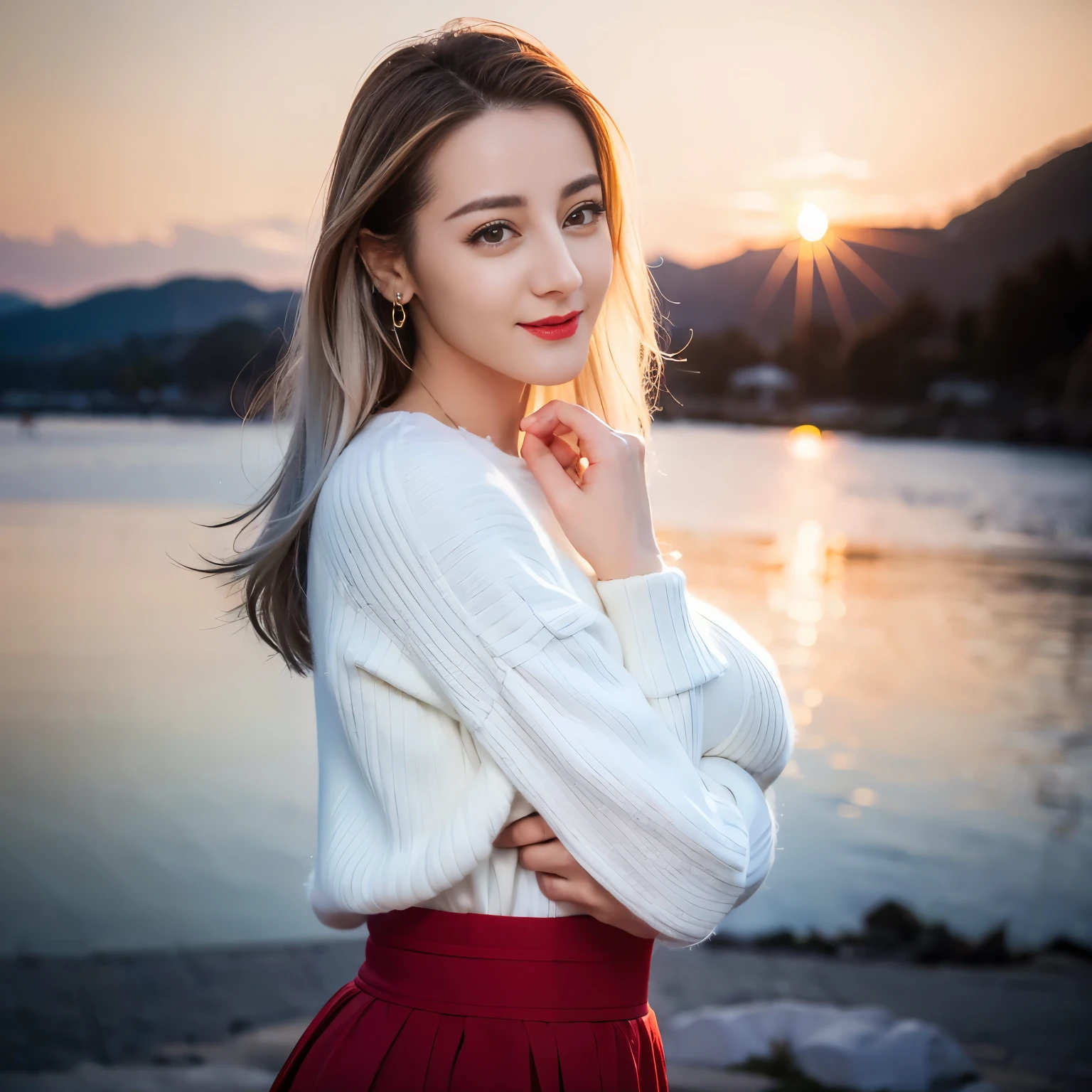 ((Top quality、8K、masterpiece:1.3))、Extremely beautiful,full-body shot,Huge breasts,Breast enlargement,Amazing breast size,G cup,Half breast exposed。Wear big earrings,Very white skin,Hydrating red lips,Very thin waist,Very thin thighs,Big Ass,Fair and smooth skin,Smooth and fair skin,Flawless skin,Fair and shiny skin,Cool white skin,Camera focuses on breasts,Bright Light,White sweater,Lower body exposed,White hair,White hair,Blizzard,Snow Mountain,Sunset,lake,sweet smile,Mouth slightly open