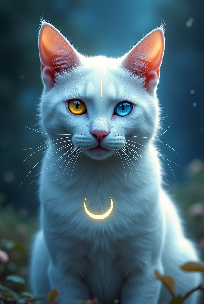 A white cat with a yellow right eye and a blue left eye with a moon on its yellow forehead Guardian