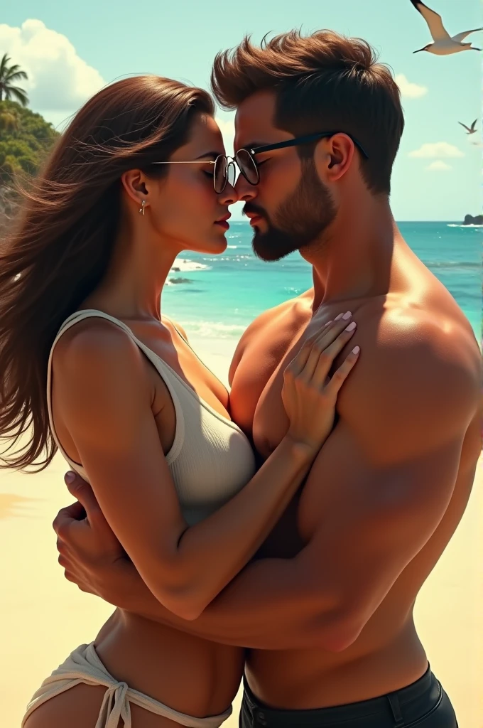 Strong woman, strong man, both with glasses, making love on the beach