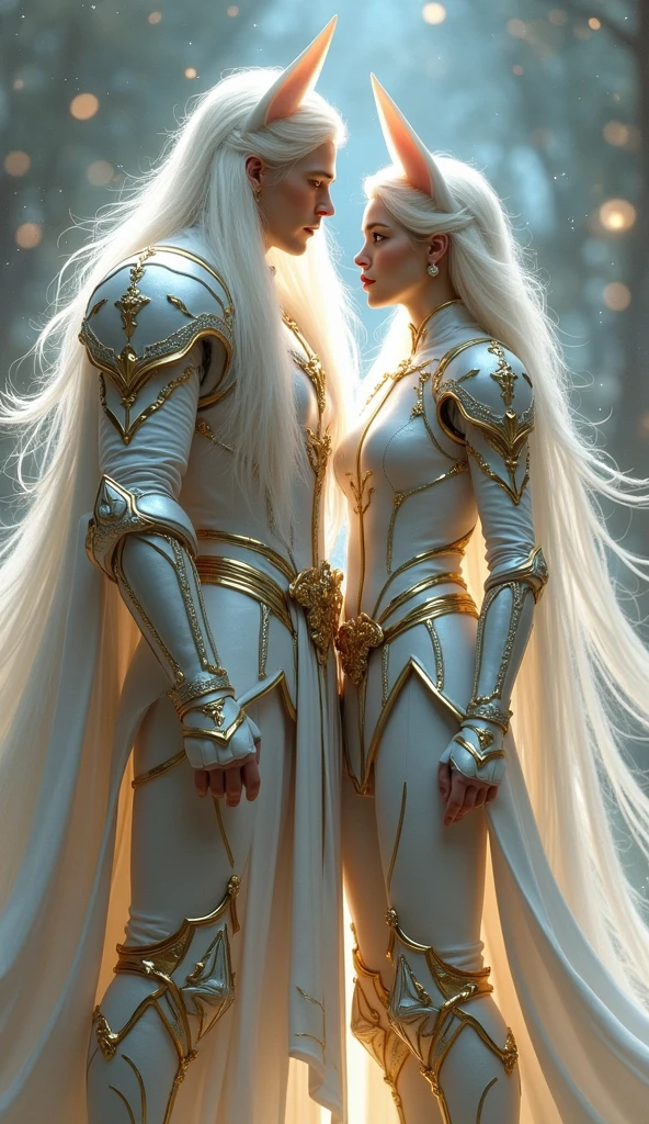 A young white haired man, very long neon white shiny hair, and woman with White and gold armor and a cape related to the Knights of the Zodiac, stardust, His armor will have the combination of a lion spirit and a puma and his human companion with a neon white armor with the spirit of a white dog