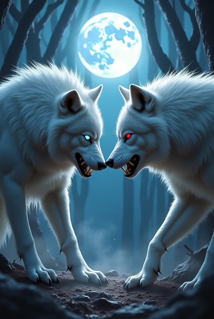 Two white Werewolves, one with blue eyes and the other with red eyes
