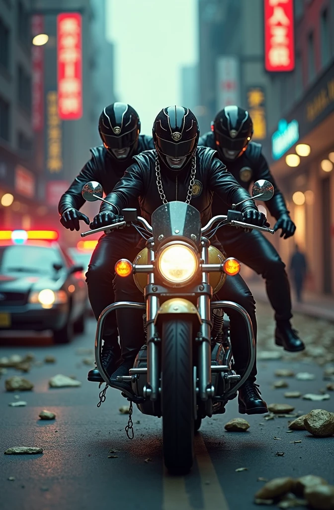 I need an ultrarealistic image of 3 power rangers robbing a store with chains around their necks and fleeing on a police motorcycle, I need this to be a film cover with ninja storm the return