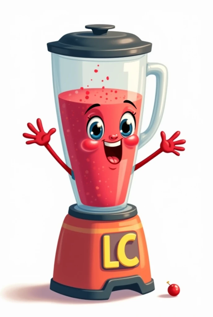 Blender jar type base with large motor, with watermelon red internal liquid ,que sea tipo cartoon network con ojos lindos haciendo un guiño and una linda sonrisa and brazos largos and saludando con una de sus manos, con fondo blanco sin adornos. And that at the bottom of the engine you have the letters (L) and (c) yellow color