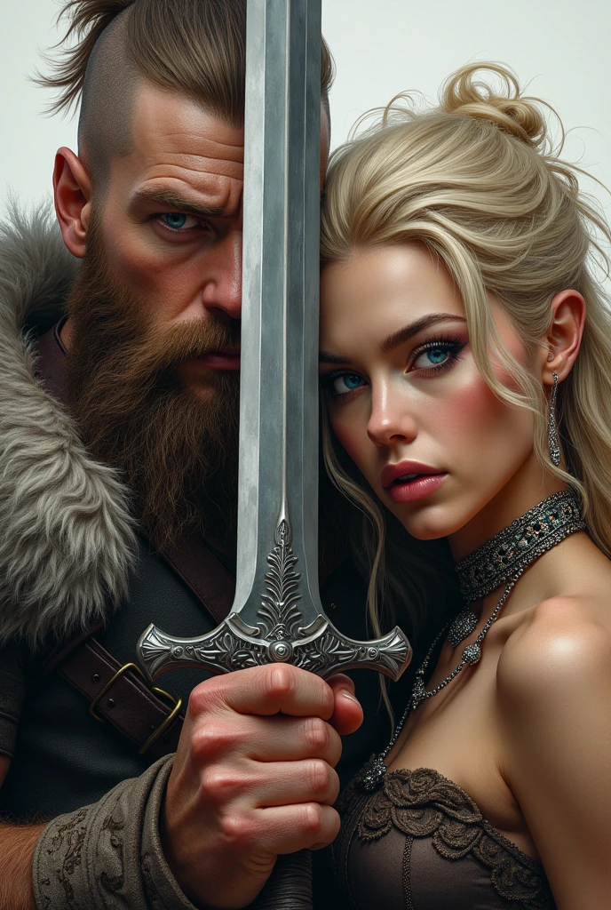 Close up viking warrior with sword in hand, blonder woman, blue eye, makeup on face, sword next to the face, large head ornament , necklace on the neck, yelling