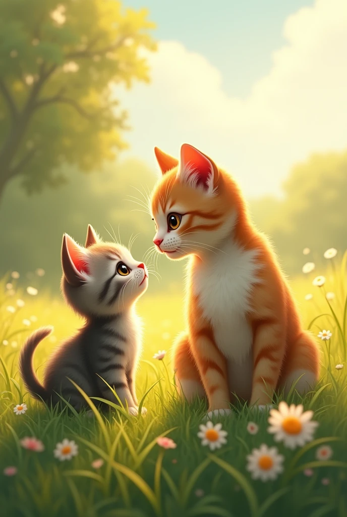 Create a picture of a kitten and its hungry mother in the field