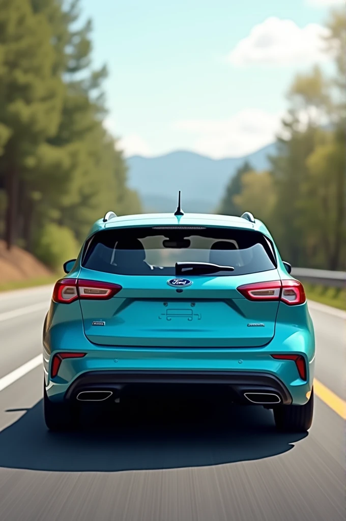 The back view of a cyan-colored Ford family car driving on a road. The car should have modern features, with visible taillights, and a slightly sporty yet family-oriented design. The road should be a typical highway with lane markings, and there should be some natural surroundings like trees or distant mountains. The scene should be during the daytime with clear weather, and the car's shadow should be visible on the road. Make it smaller