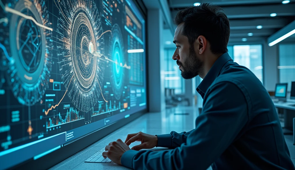 "A person yzing a large wall map of planetary cycles and economic forecasts, with a look of concentration and insight. The setting should be modern and intellectual, indicating deep anal and forward planning. --ar 16:9"