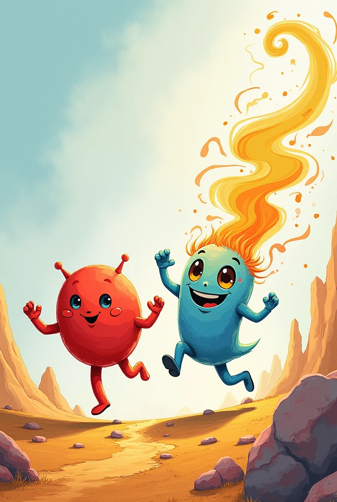 
draw  in pencil and create two cute characters, they must be formless non-human beings for children. Strength and Movement they are friend adventurers. Strength robust red and Movement light blue, these on a fantastic land of Energyland, where the laws of physics came to life, it must be cute and colorful for kids with running poses