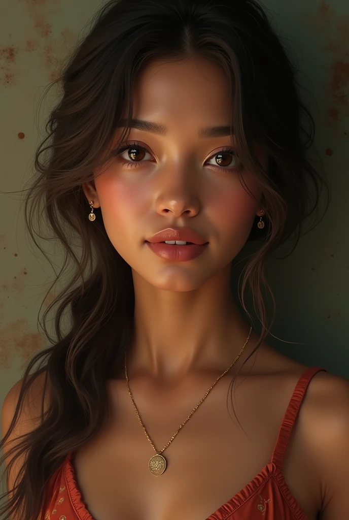Hazel colored eyes, thick lips, round face, soft cheeks, Spanish and Mexican nationality