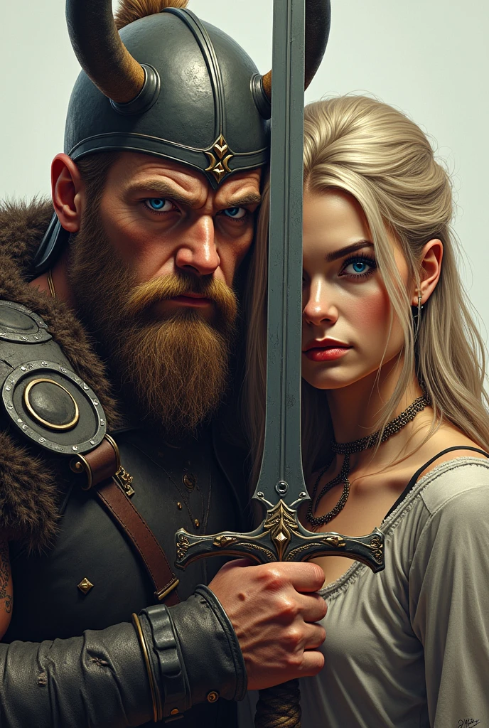 Close up viking warrior with sword in hand, blonder woman, blue eye, makeup on face, sword next to the face, large head ornament , necklace on the neck, yelling
