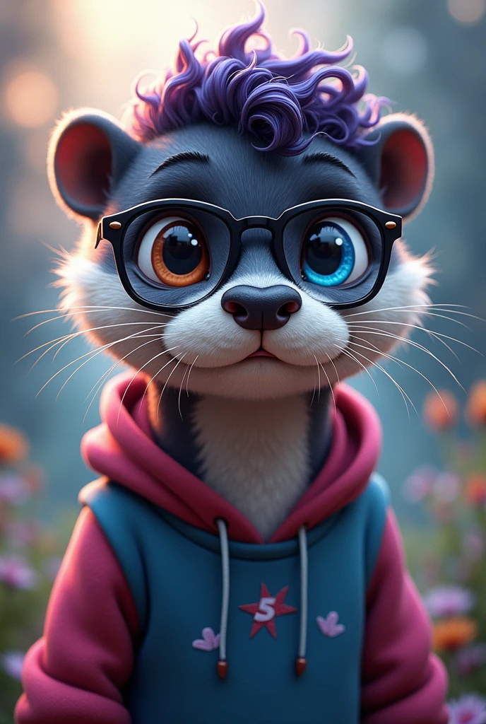 Male otter, curly black and purple hair, wearing glasses and a sweatshirt, heterochromia