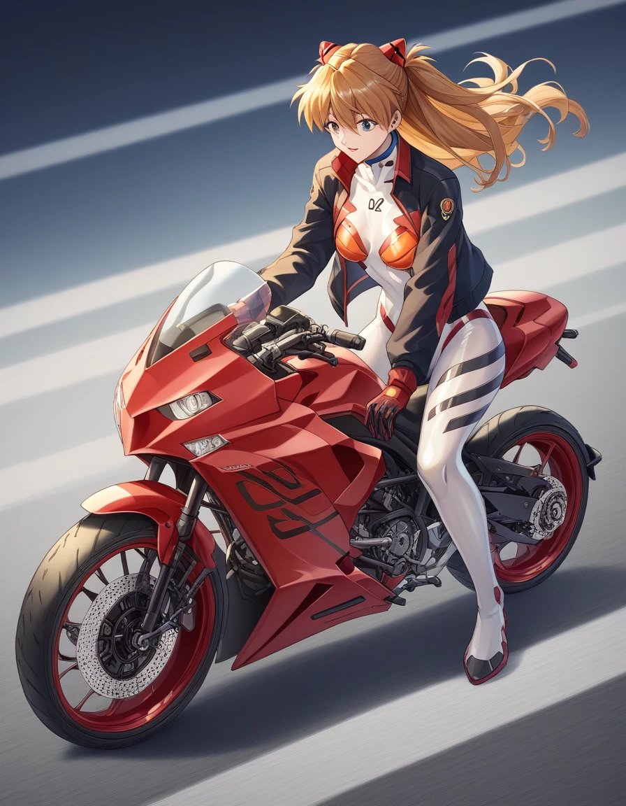 Shikinami Asuka Langley, masterpiece、highest quality、detailed description、Plug Suit、Translucent costume, Jacket, Woman riding a bigmotorbike（rider、Gold and red two-tone hairstyle、Detailed Description、Perfect Face、Armed、）、red motorbike（red、bike、two-wheeled vehicle、big、Mechanic Design）