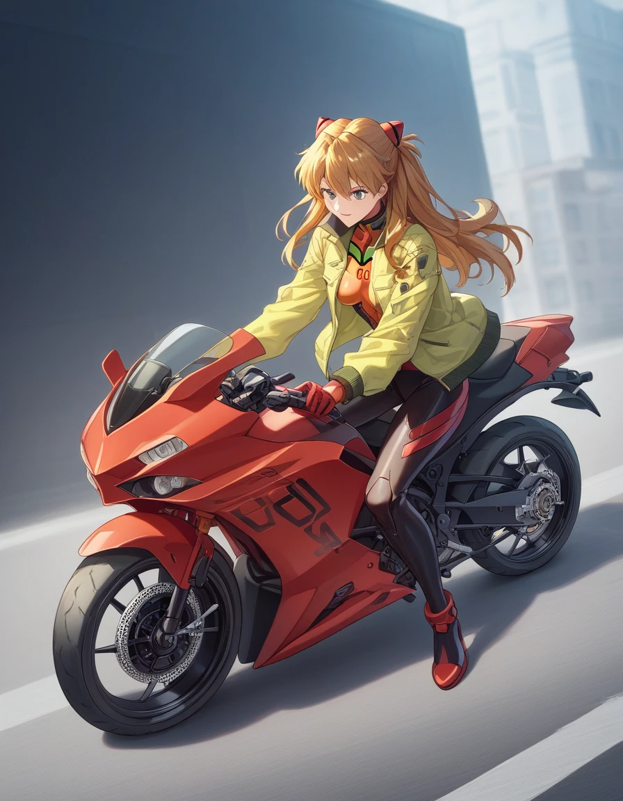 Shikinami Asuka Langley, masterpiece、highest quality、detailed description、Plug Suit、Translucent costume, Jacket, Woman riding a bigmotorbike（rider、Gold and red two-tone hairstyle、Detailed Description、Perfect Face、Armed、）、red motorbike（red、bike、two-wheeled vehicle、big、Mechanic Design）